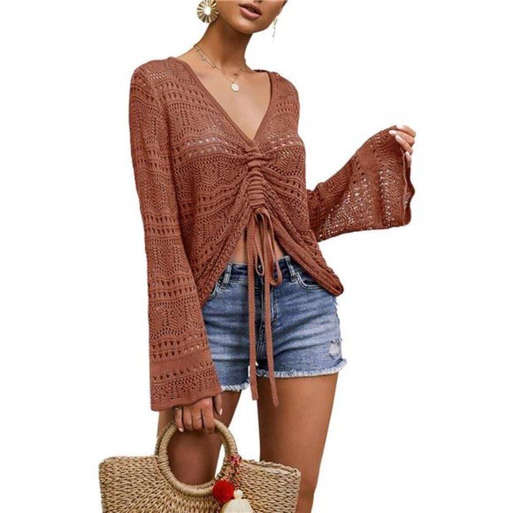 Cropped Hollow Out Knit Sweater – V-Neck Drawstring Bell Sleeve Cover-Up